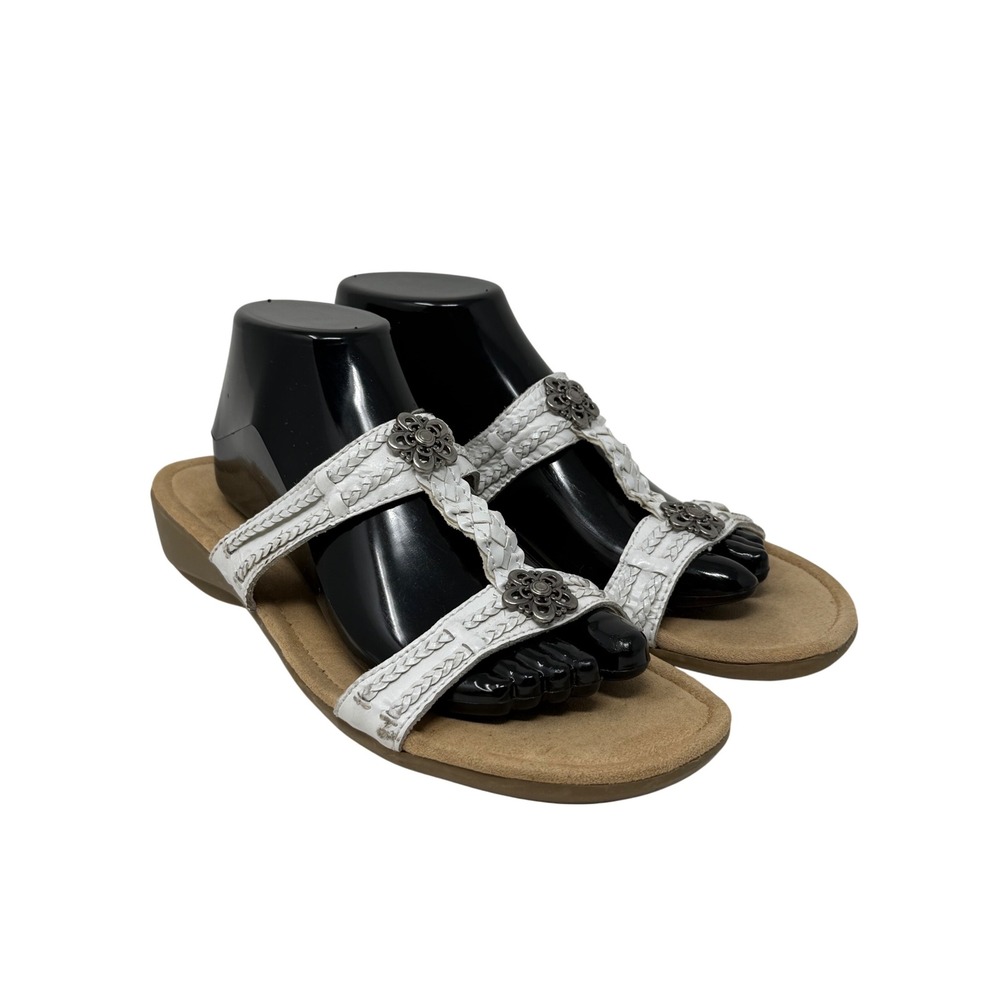 Minnetonka White Leather Braided T-Strap Sandals Flats Womens 11 Western Prairie